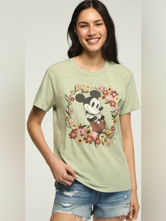 Disney Tops - Disney Mickey Mouse Logo Flower Embroidered Tee Sage Green Size S NWT